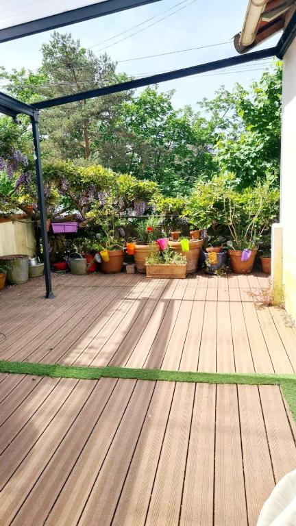 une terrasse en bois avec des plantes en pot sur une maison dans l'établissement Pierre et rivière - Une terrasse en ville, à Nantes