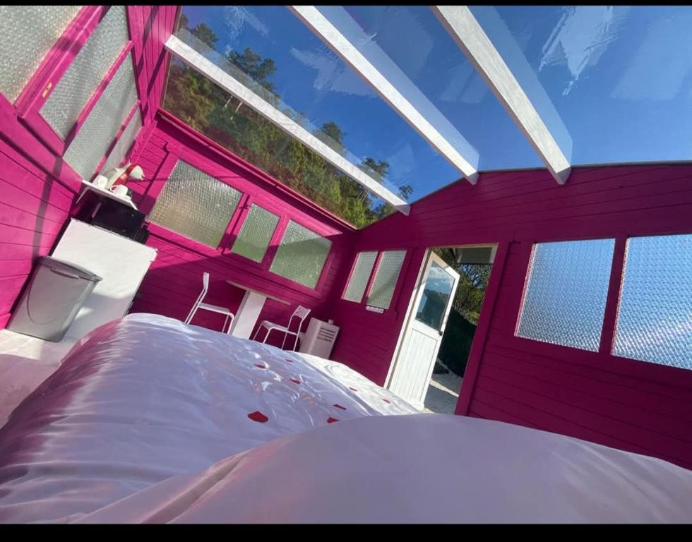 une chambre rose avec un grand lit dedans dans l'établissement location insolite nuit étoilée, à Bettaincourt-sur-Rognon