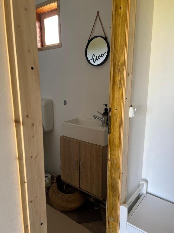 bagno con lavandino e specchio a parete di Casuta 5 a Ciocănari