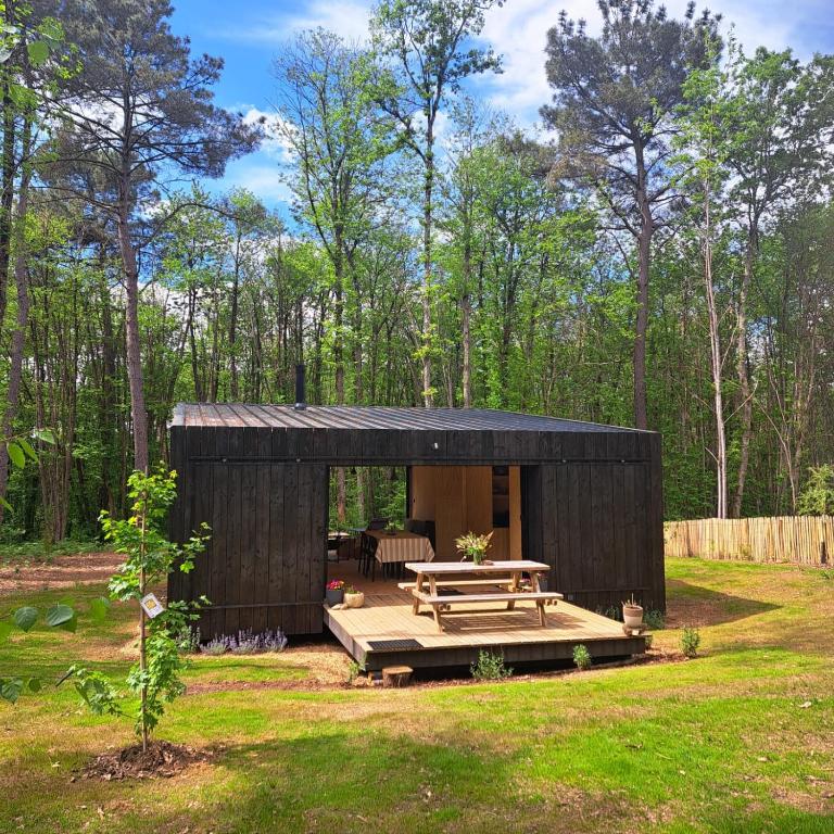 un petit hangar noir avec une table de pique-nique dans une cour dans l'établissement Cabin indebos, à Sainte-Foy-de-Longas