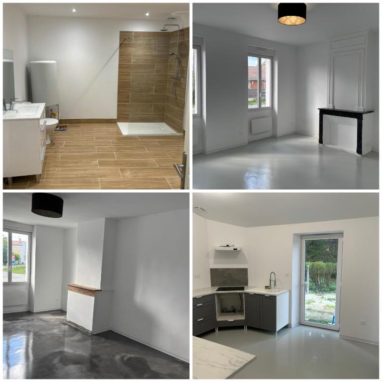 trois vues différentes d'une cuisine dans une maison dans l'établissement Maison en pierre, à Saint-Germain-dʼEsteuil