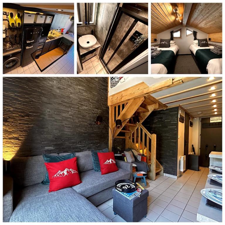un collage de photos d'un salon avec canapé dans l'établissement Entire Apartment in Morzine Ski In Ski Out Nyon, à Morzine