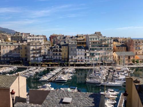 un groupe de bateaux amarrés dans un port avec des bâtiments dans l'établissement Bella vista, à Bastia