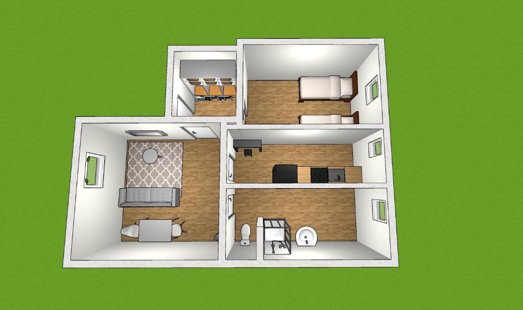 a rendering of a floor plan of a house at EMAS 8 Wohnung mit 2 Einzelbetten, Küche, Dusche, TV in Krefeld