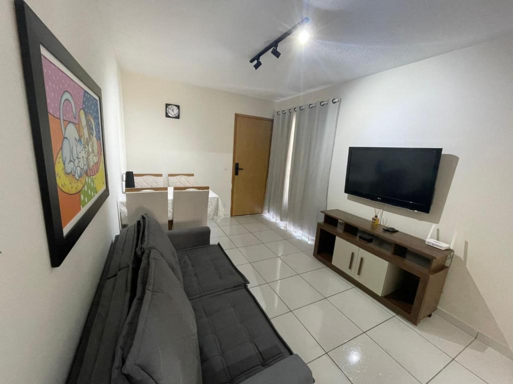 a living room with a couch and a flat screen tv at Apartamento ao lado do Thermas e Animália Park in Cotia