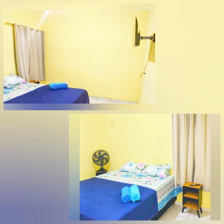 two pictures of a bedroom with two beds in a room at Casa da Ana in Ananindeua