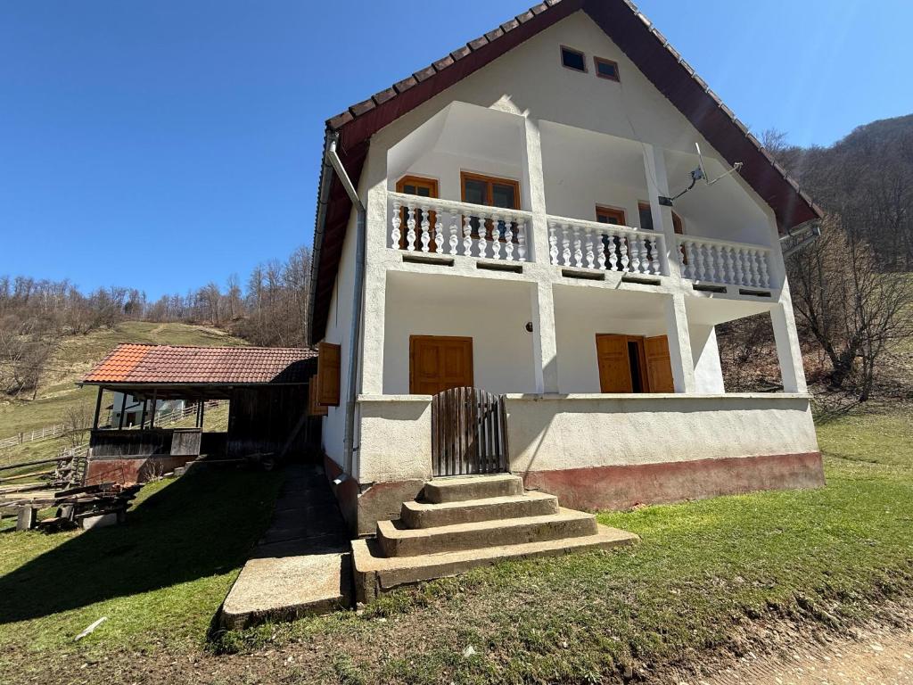 a white house with a porch and stairs in a field at Cabana Valea Lungă in Telcişor