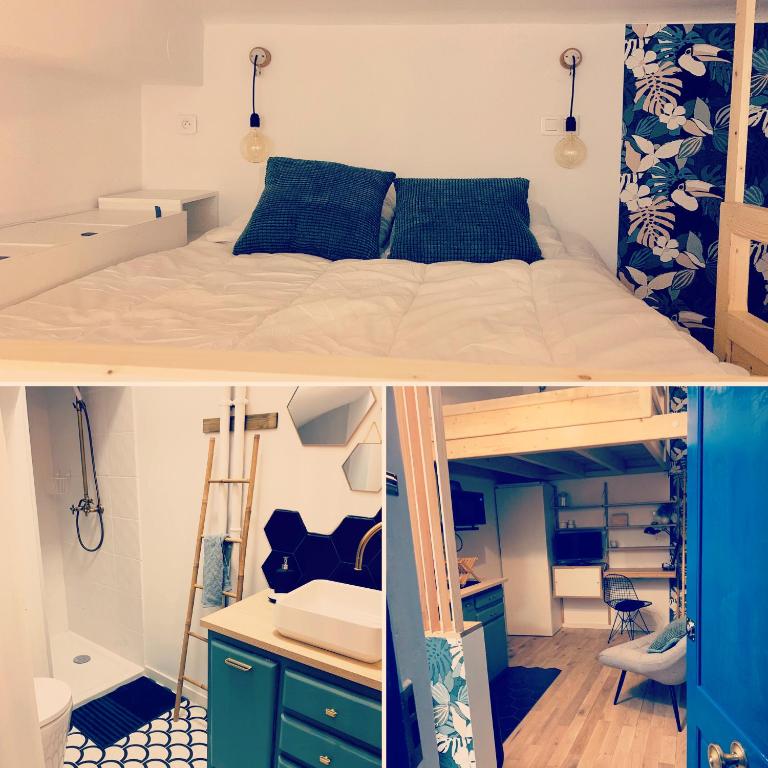 deux images d'une chambre avec un lit et un bureau dans l'établissement Studio à 2 pas du Moulin Rouge, à Paris