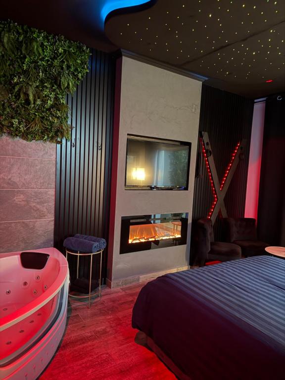 ein Schlafzimmer mit einem Bett und einem Kamin in der Unterkunft Love Room avec spa in Bourg-Saint-Christophe