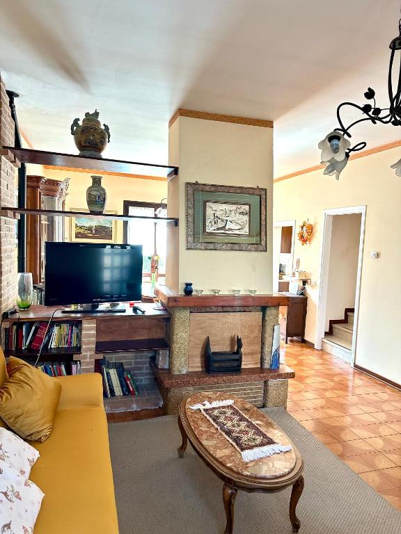 a living room with a fireplace and a tv at Casa Rosa in Toscolano Maderno