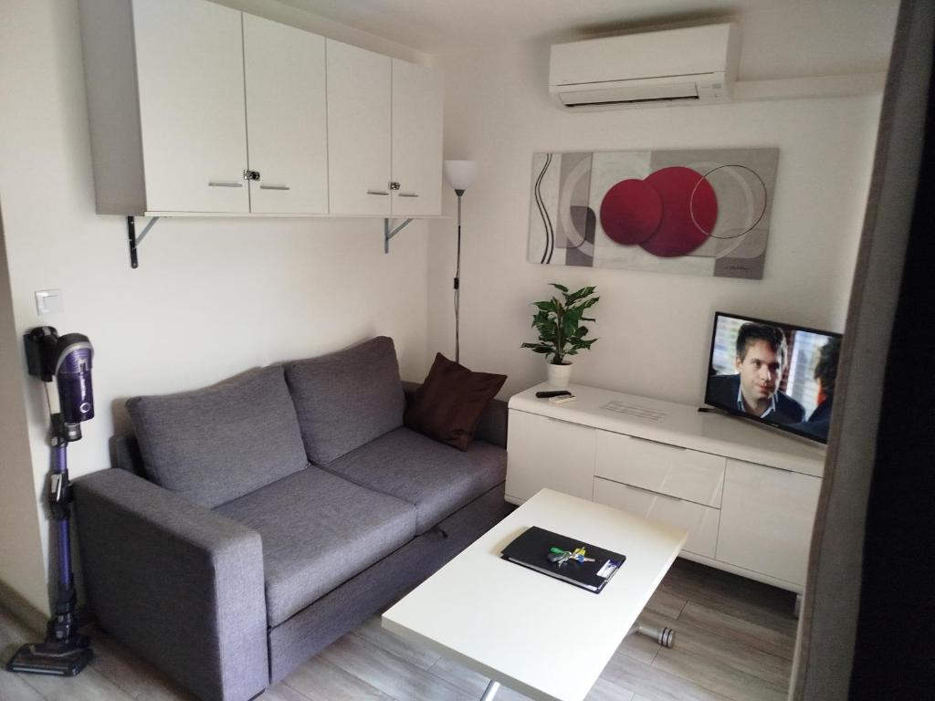 un piccolo soggiorno con divano e TV di Appartement vacances cap d’agde a Cap d'Agde