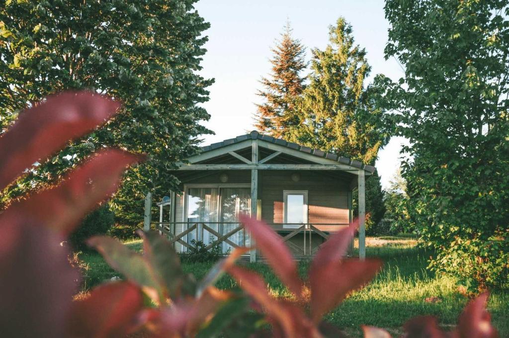 un petit bâtiment au milieu d'un champ arboré dans l'établissement Chalet 3 étoiles - Piscine - eebbhg, à Beynat