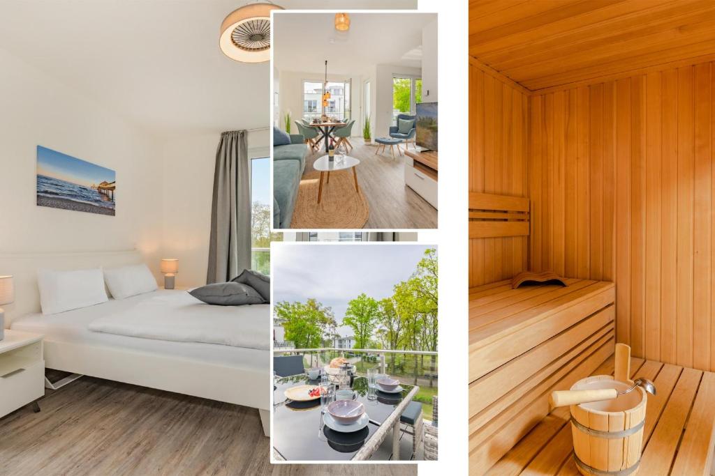 un collage de photos d'une chambre et d'un salon dans l'établissement An der Haffküste FeWo Ankerplatz, à Zirchow