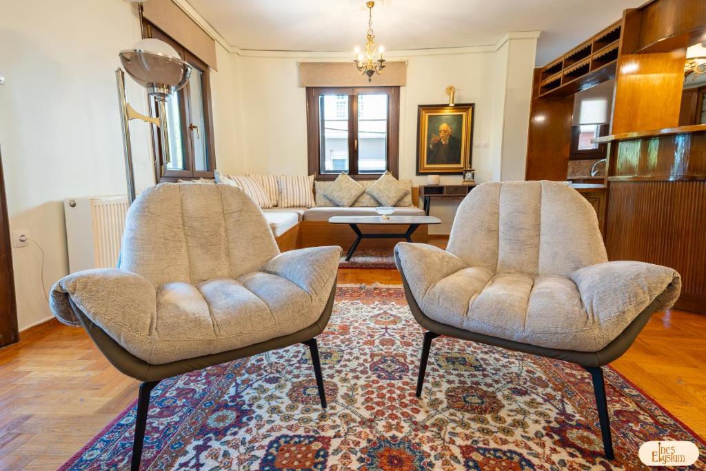 two chairs in a living room with a rug at Ines Elysium in Kastoria