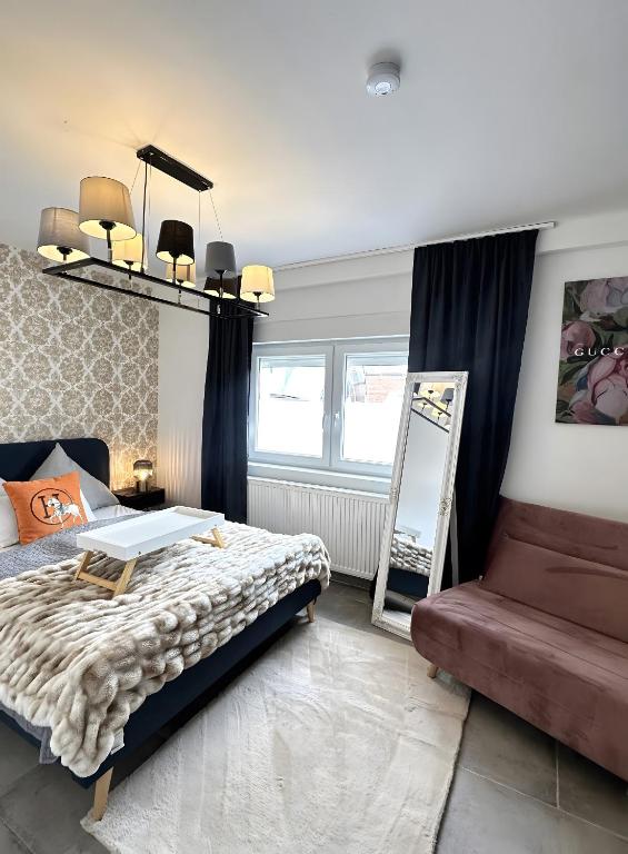 ein Schlafzimmer mit einem Bett und einem Spiegel in der Unterkunft Deluxe Apartement mit Terrasse in Duisburg