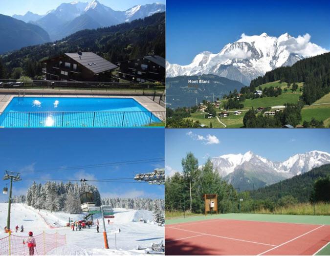un groupe de quatre photos d'un court de tennis et de montagnes dans l'établissement Appartement Balcon piscine tennis vue Montagne, à Saint-Gervais-les-Bains