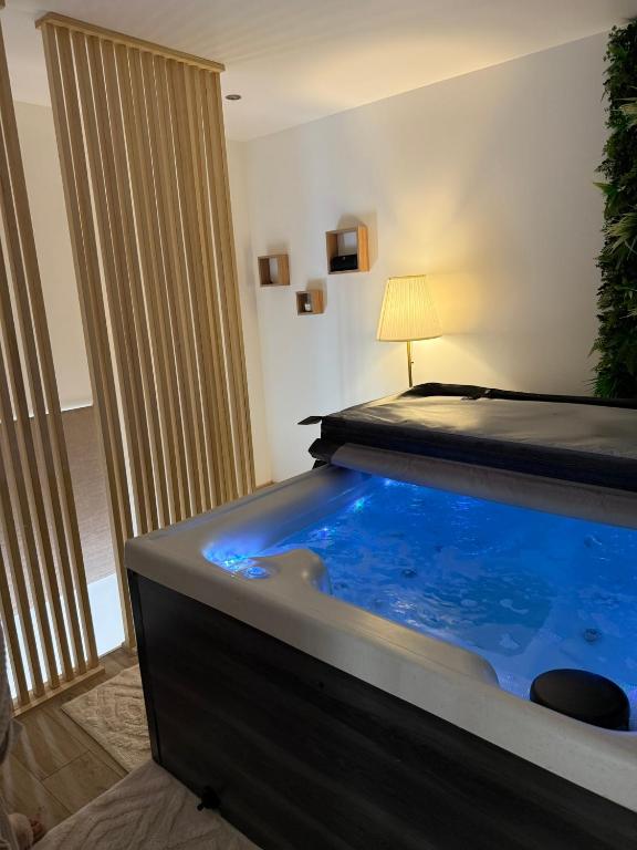 - un grand aquarium dans une chambre avec un lit dans l'établissement Désirs d'une nuit - La détente, à Cagny