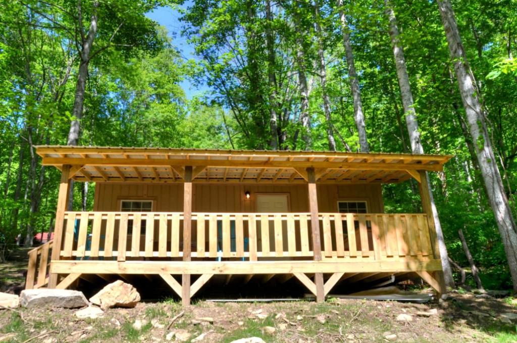 eine Holzhütte inmitten eines Waldes in der Unterkunft Tiny House for Two with Outdoor Tub near Great Smoky Mountains in Cherokee, North Carolina in Cherokee
