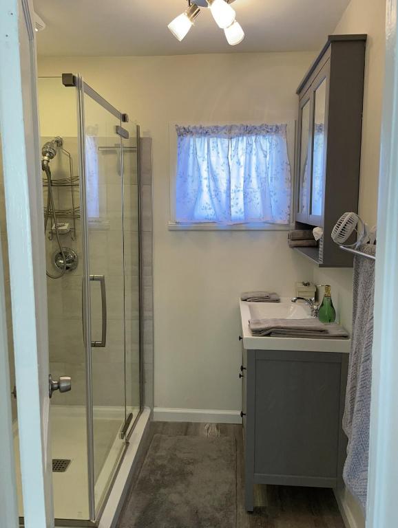 a bathroom with a sink and a shower at La Casita on Antique Row in West Palm Beach