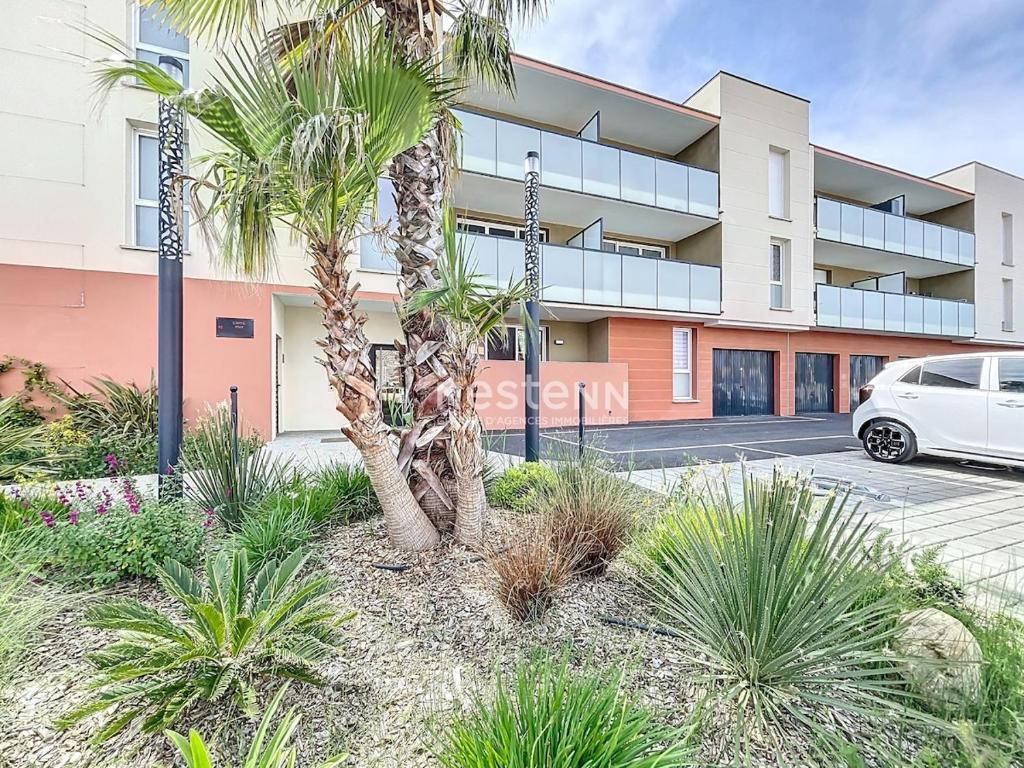un palmier devant un bâtiment dans l'établissement 3714-Appartement avec terrasse, à Argelès-sur-Mer