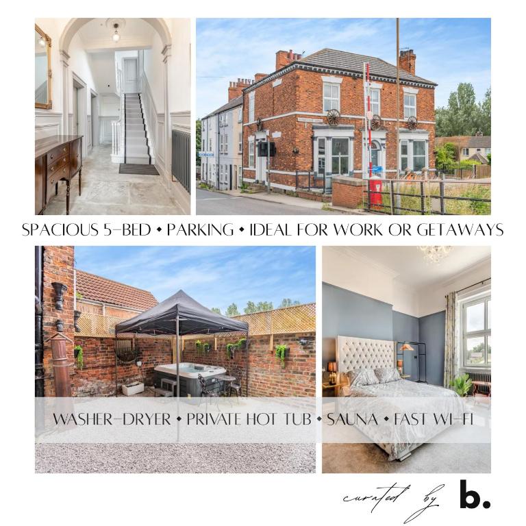 a collage of photos of a home at Riverside Georgian House with Hot Tub, Sauna & Parking in Selby