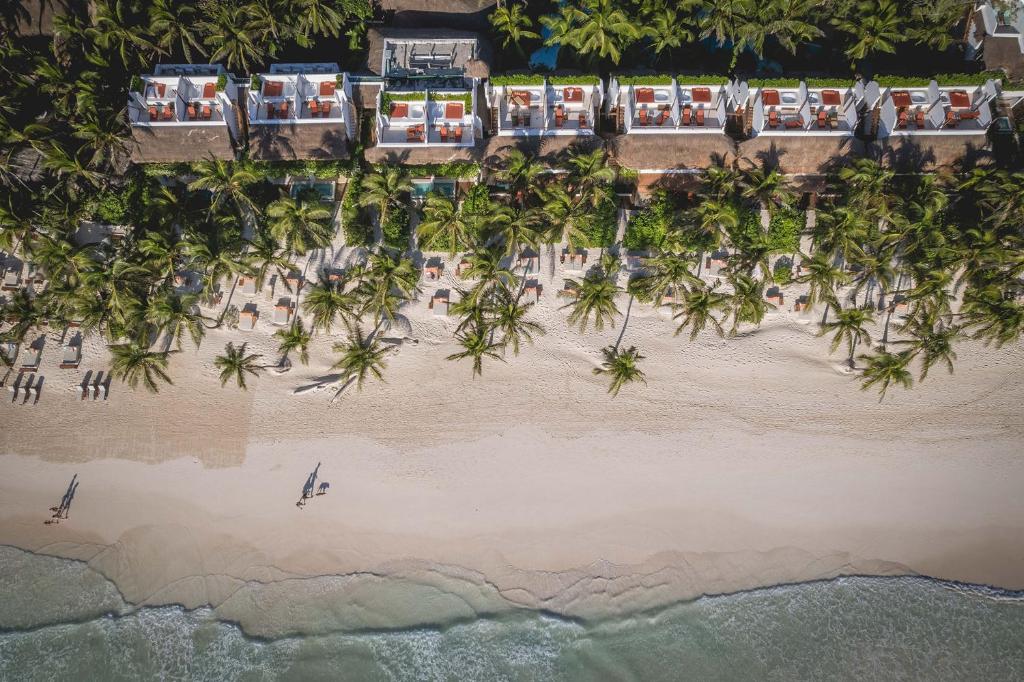 an aerial view of a beach with palm trees at The Beach Tulum Hotel in Tulum