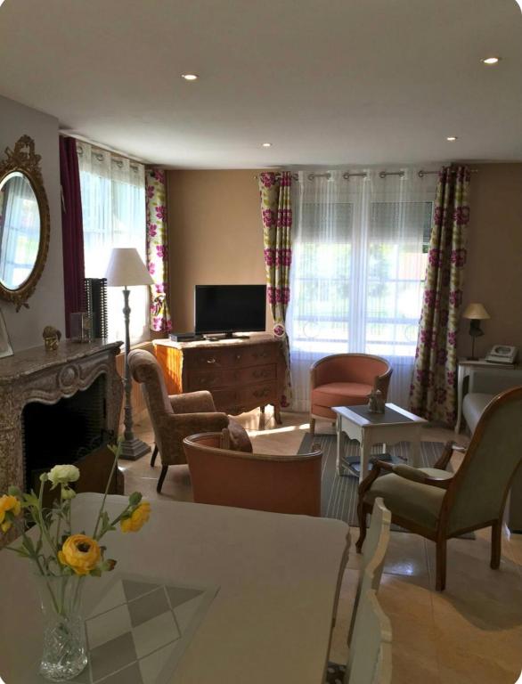 un salon rempli de meubles et d'une cheminée dans l'établissement gîte Joséphine, à Attin