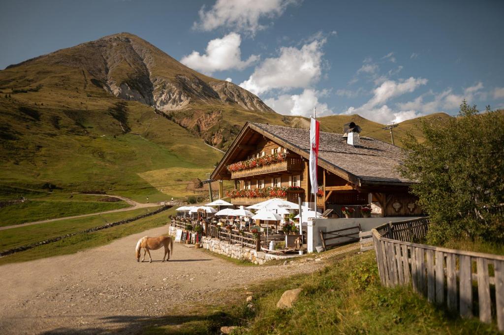 a horse standing in the road next to a building at Kirchsteigeralm in Hafling