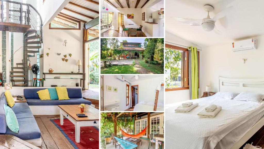 a collage of photos of a bedroom and a house at Casa dos Pássaros na areia a 20m da Praia da Baleia com 3 suítes e 1 dorm com ar condicionado, wifi, smart tv, cozinha completa e churrasqueira in São Sebastião