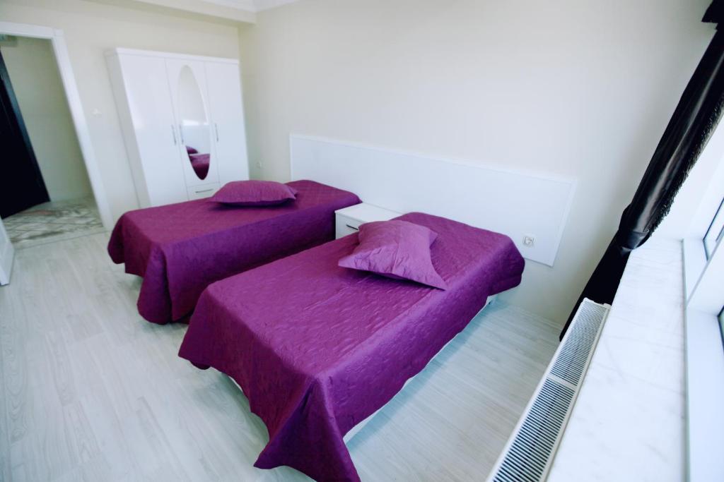 トラブゾンにあるBayramoglu Airport Apartの紫のシーツが備わる客室内のベッド2台