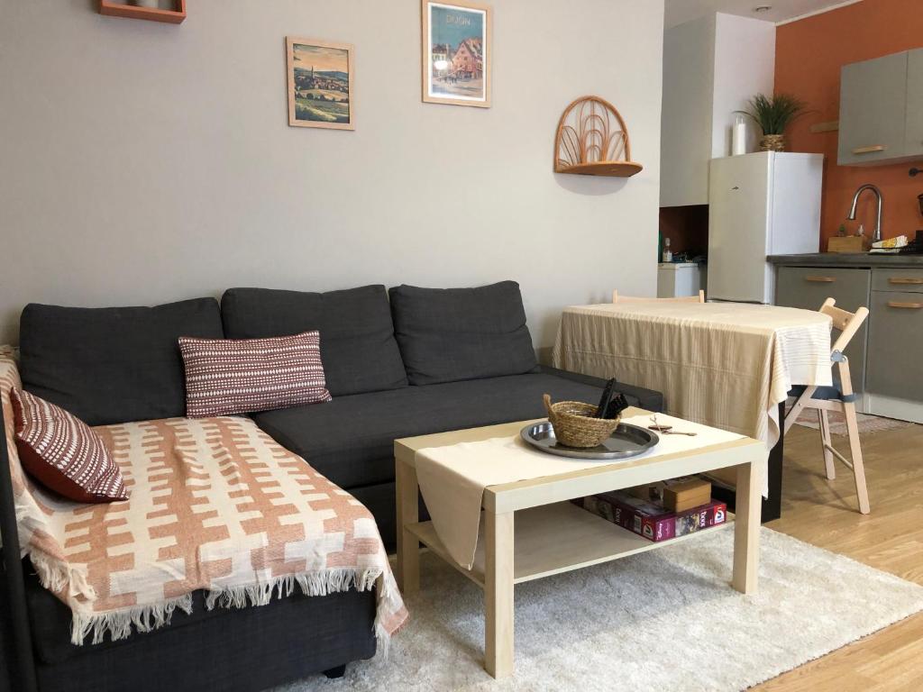 un salon avec un canapé et une table dans l'établissement Le Cozy near center train station & SciencesPo, à Dijon