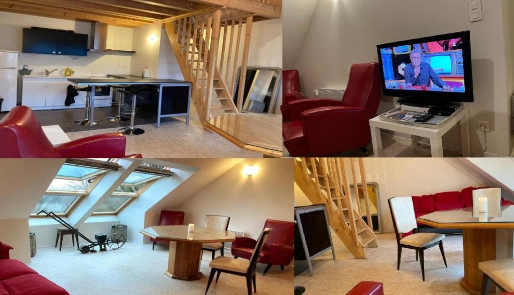 deux photos d'un salon avec des chaises rouges et une télévision dans l'établissement Le Bijou, à Besançon