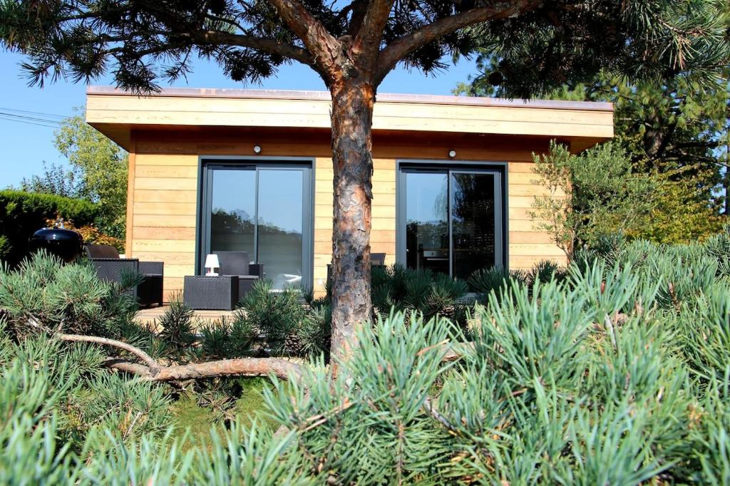 une petite maison avec des fenêtres en verre et un arbre dans l'établissement Comme Au Jardin, à Arenthon