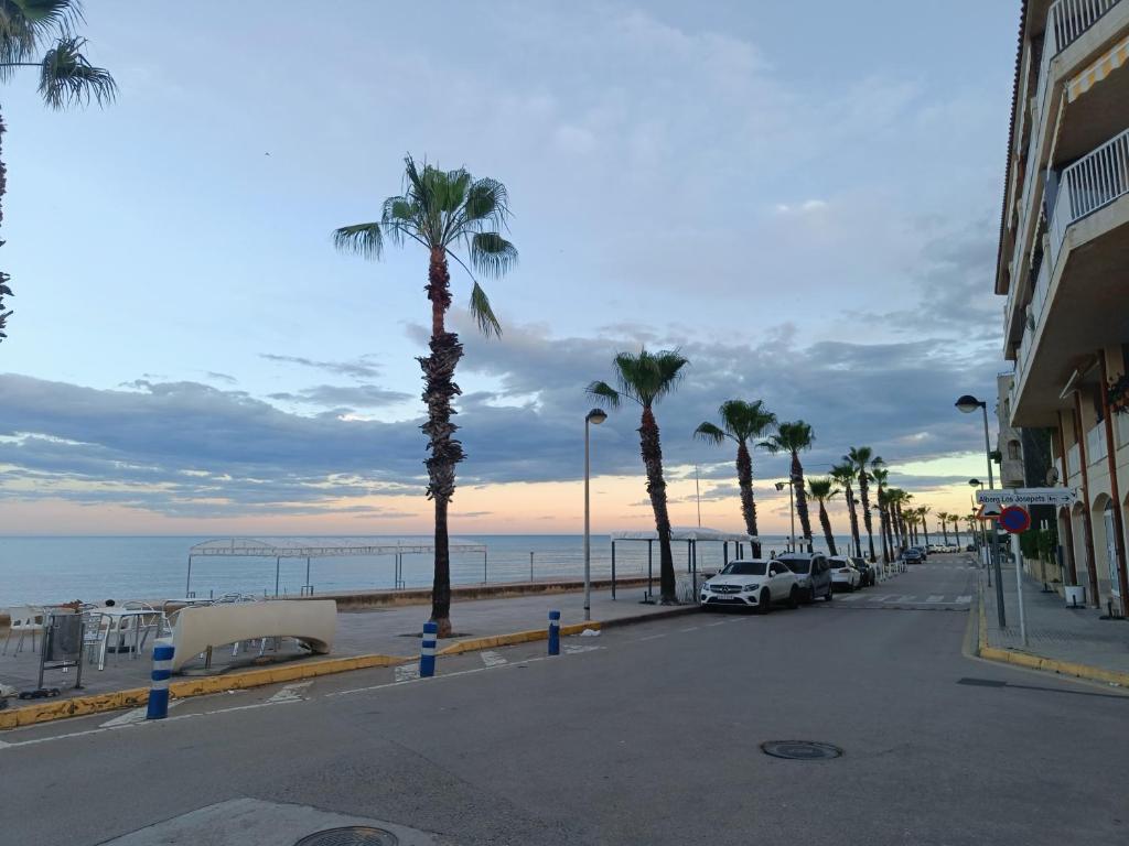 レス・カセス・ダルカナールにあるALCANAR DEL MARの浜辺のヤシの木の並ぶ通り