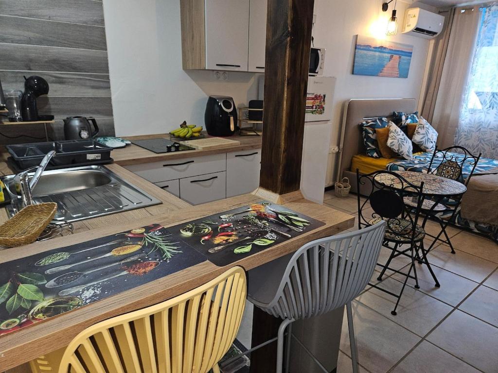 ポワンタピートルにあるBusiness et Relax Studio à Pointe-à-Pitreのキッチン(シンク、カウンター、椅子付)
