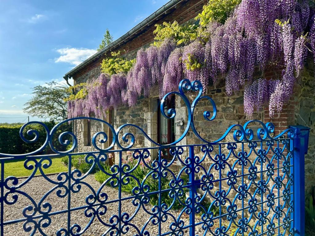 une clôture avec des glycines violettes sur un bâtiment dans l'établissement Cottage chez Emilie, à Beaulieu