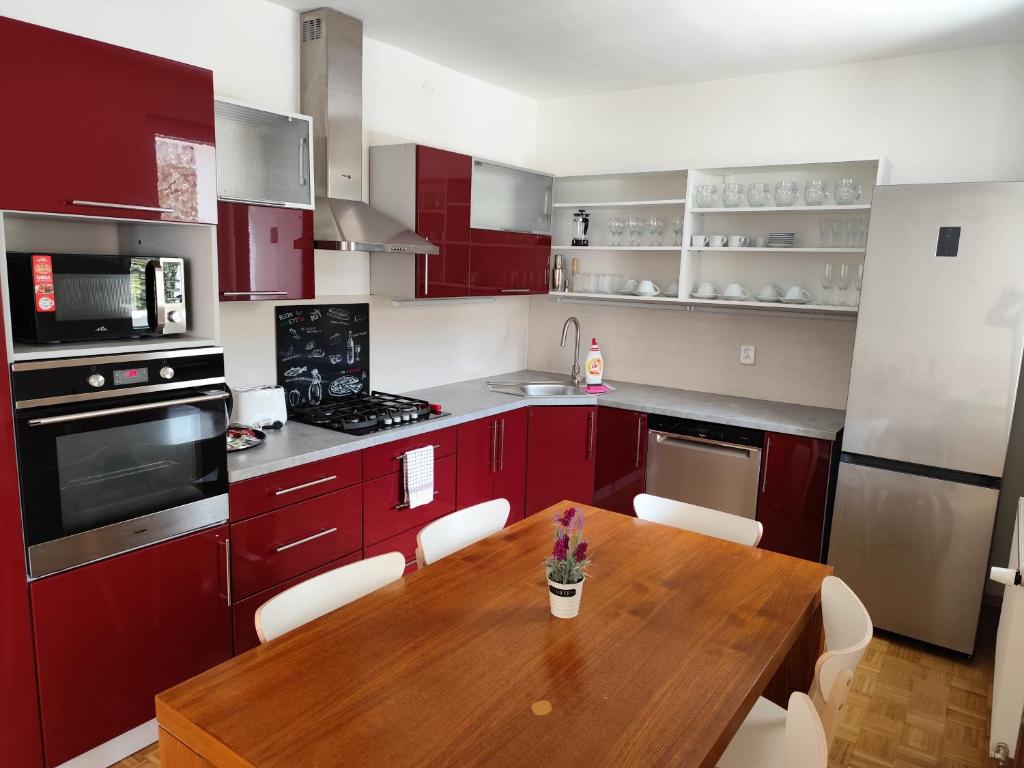 cocina con armarios rojos y mesa de madera en Gemini 293, Zlín, en Zlín