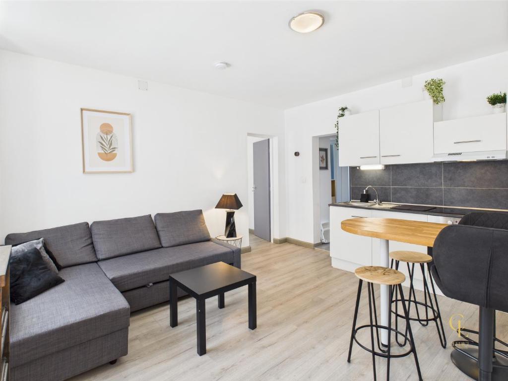 un salon et une cuisine avec un canapé et une table dans l'établissement Cocon Blanca- 1er étage prox centre Mulhouse, à Mulhouse