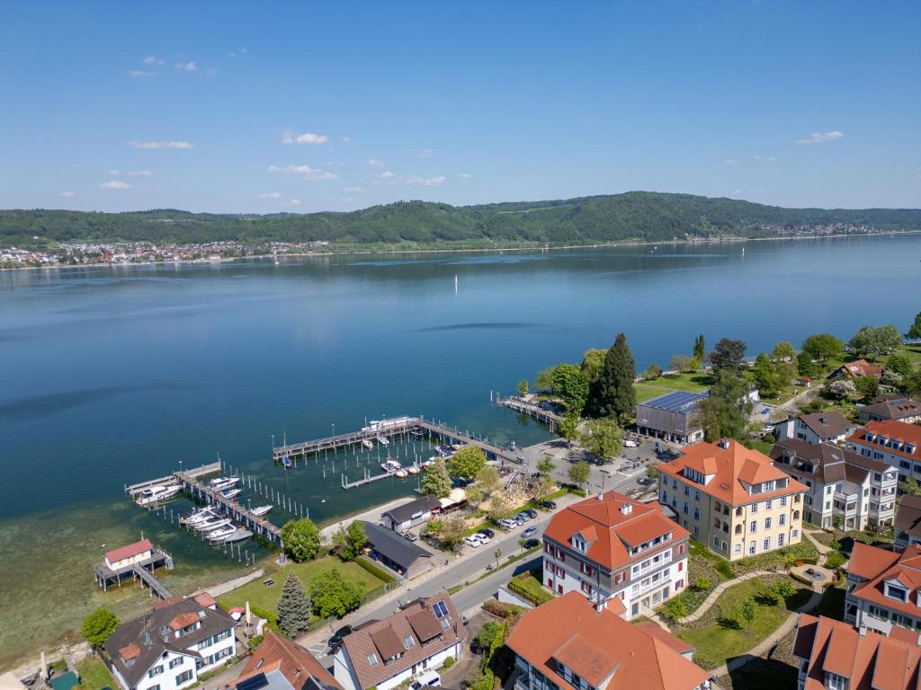 an aerial view of a town on a lake at Seeliebe und Gartenglück in Bodman-Ludwigshafen