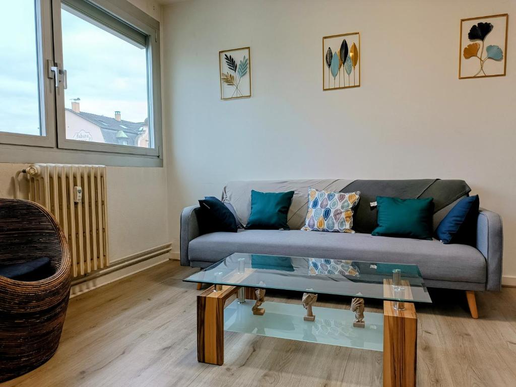 un salon avec un canapé et une table en verre dans l'établissement Les trois Frontières, à Saint-Louis