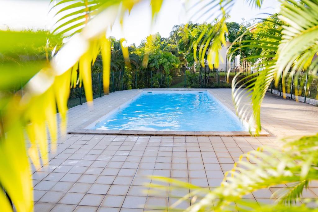 a swimming pool in a yard with palm trees at Aimeelie - spacieux T3 avec piscine, terrasse, idéal famille, calme et lumineux in Lamentin