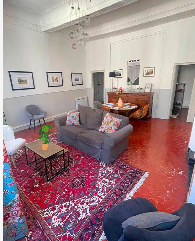 un salon avec un canapé et un tapis dans l'établissement ElégantT2 à deux pas du Cours Mirabeau, à Aix-en-Provence