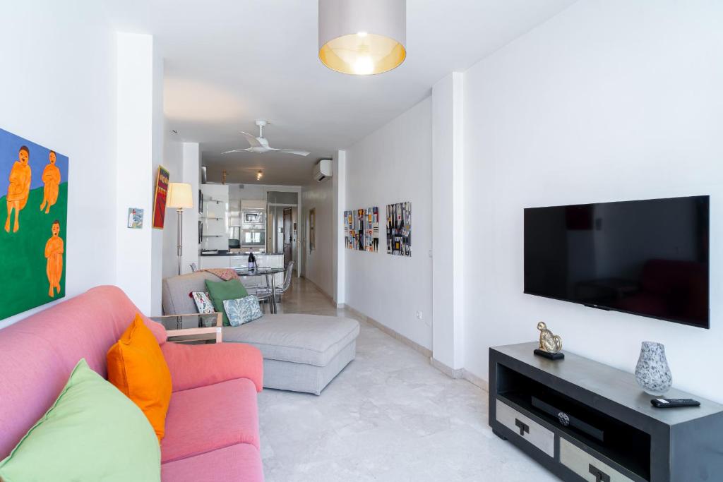 ネルハにあるGranada 46 Centro by Casasolのリビングルーム(ピンクのソファ、薄型テレビ付)