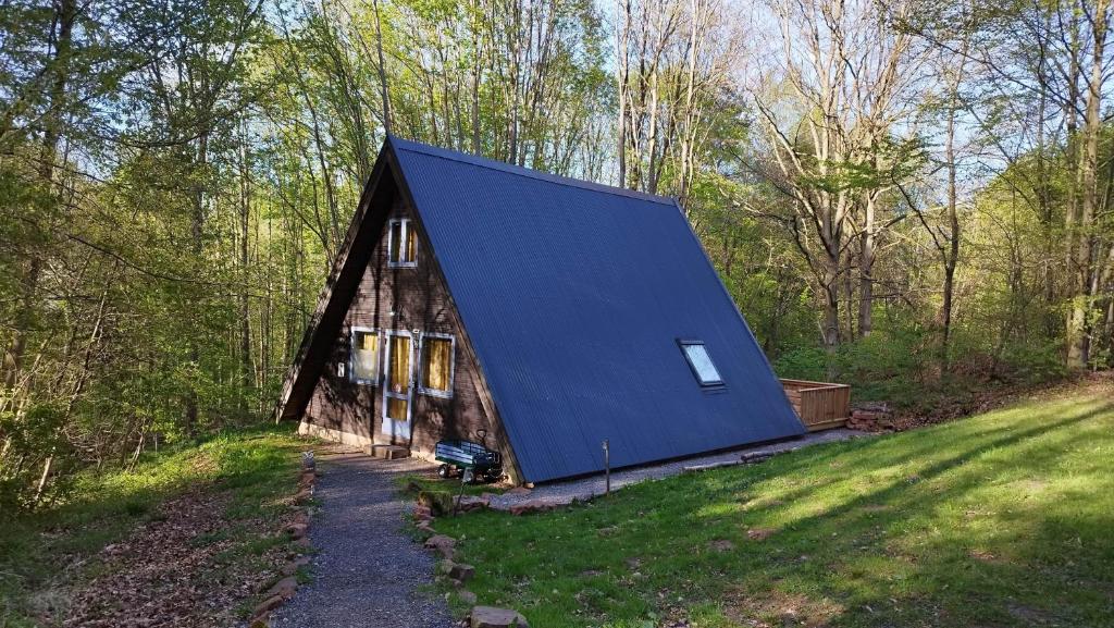 a barn with a blue roof in the woods at SECRA Exclusive Ferienhaus Nr 16 am Twistesee in Bad Arolsen