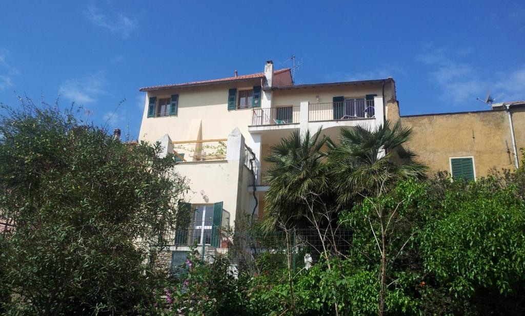 a white building with a palm tree in front of it at Il Poggio di Poiolo in San Bartolomeo al Mare
