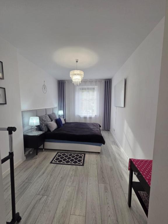 a bedroom with a bed and a couch in it at Apartament z kominkiem RetroGlam in Mieroszów