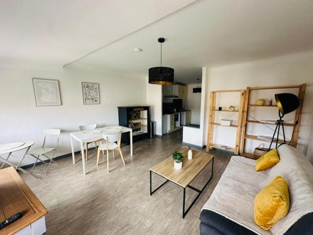 un salon avec un canapé et une table dans l'établissement Grand T2 50m2 Narbonne centre, vue sur cathédrale, à Narbonne