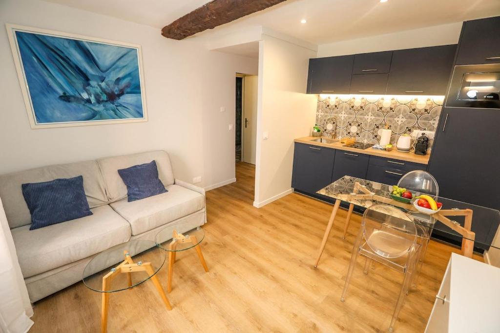 un salon avec un canapé et une cuisine dans l'établissement Elegant & charming 2-room blue, à Grasse