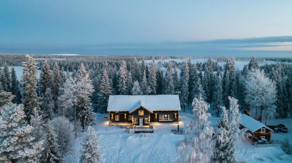 una cabaña en el bosque cubierta de nieve en Premium Private Villa Snowest, en Kivitaipale
