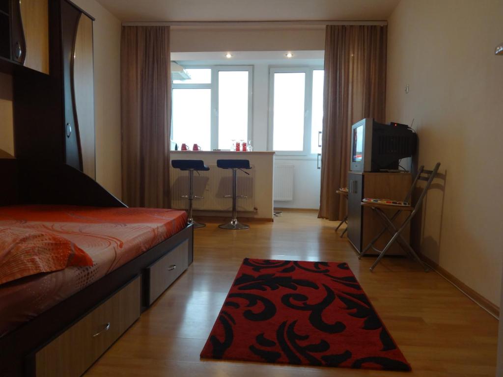 ガラツィにあるAlina Accommodationのベッドルーム(ベッド1台、テレビ、ラグ付)